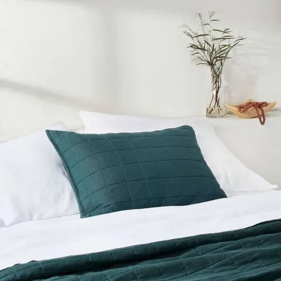 Casaluna -  Linen-Blend Pillow Sham Minimalist OEKO-T Dark Teal Blue - Picture 2 of 4